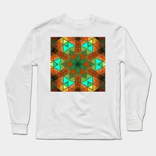 Mosaic Kaleidoscope Flower Orange and Teal Long Sleeve T-Shirt